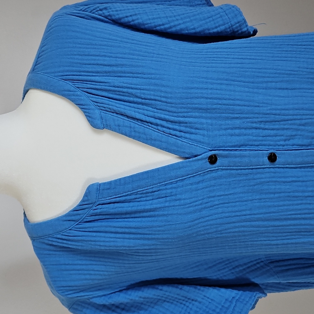 J Jill XL Crinkle Cotton Short Sleeve Midi Dress Blue 1/2button Up Ruffle Tiers - Picture 2 of 7